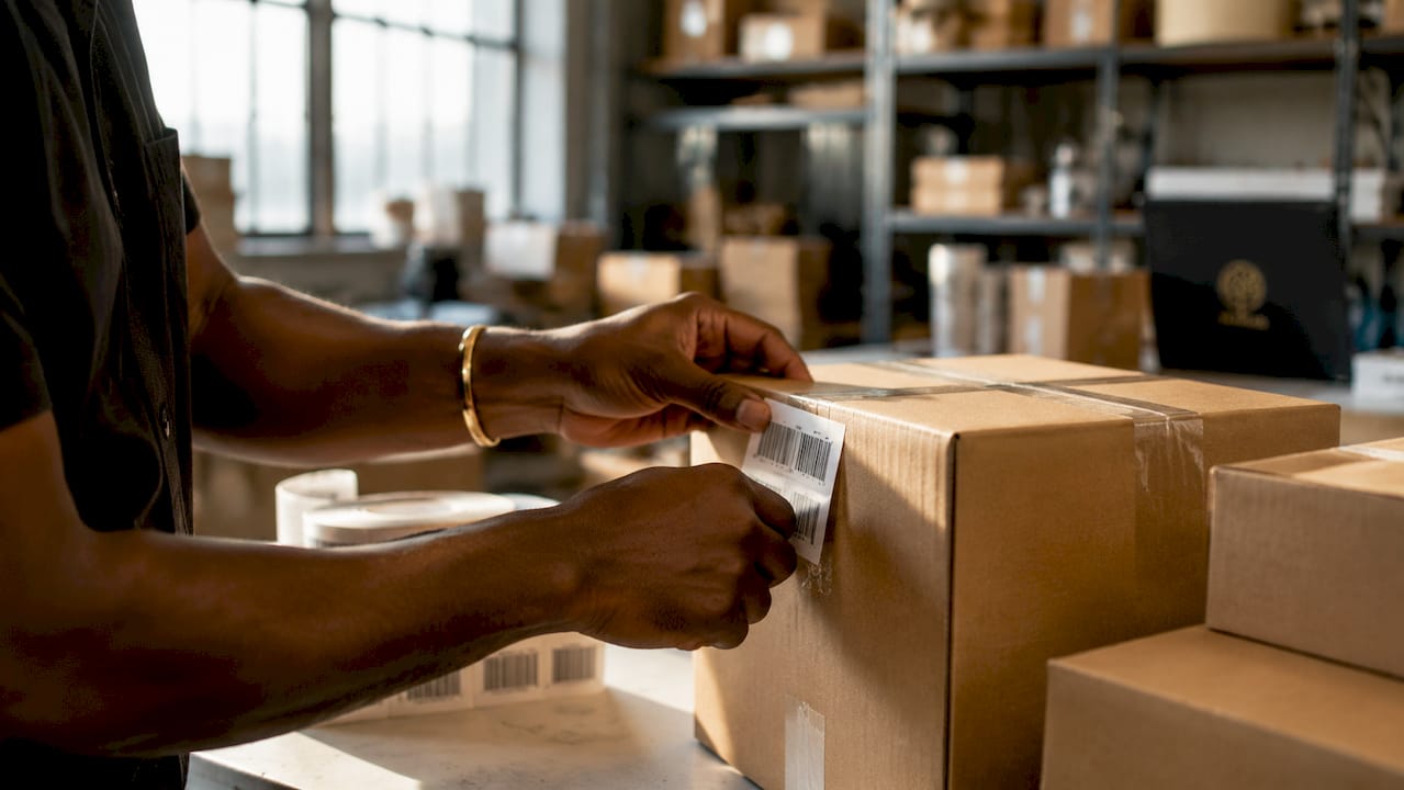 Hands printing barcode label on desktop printer