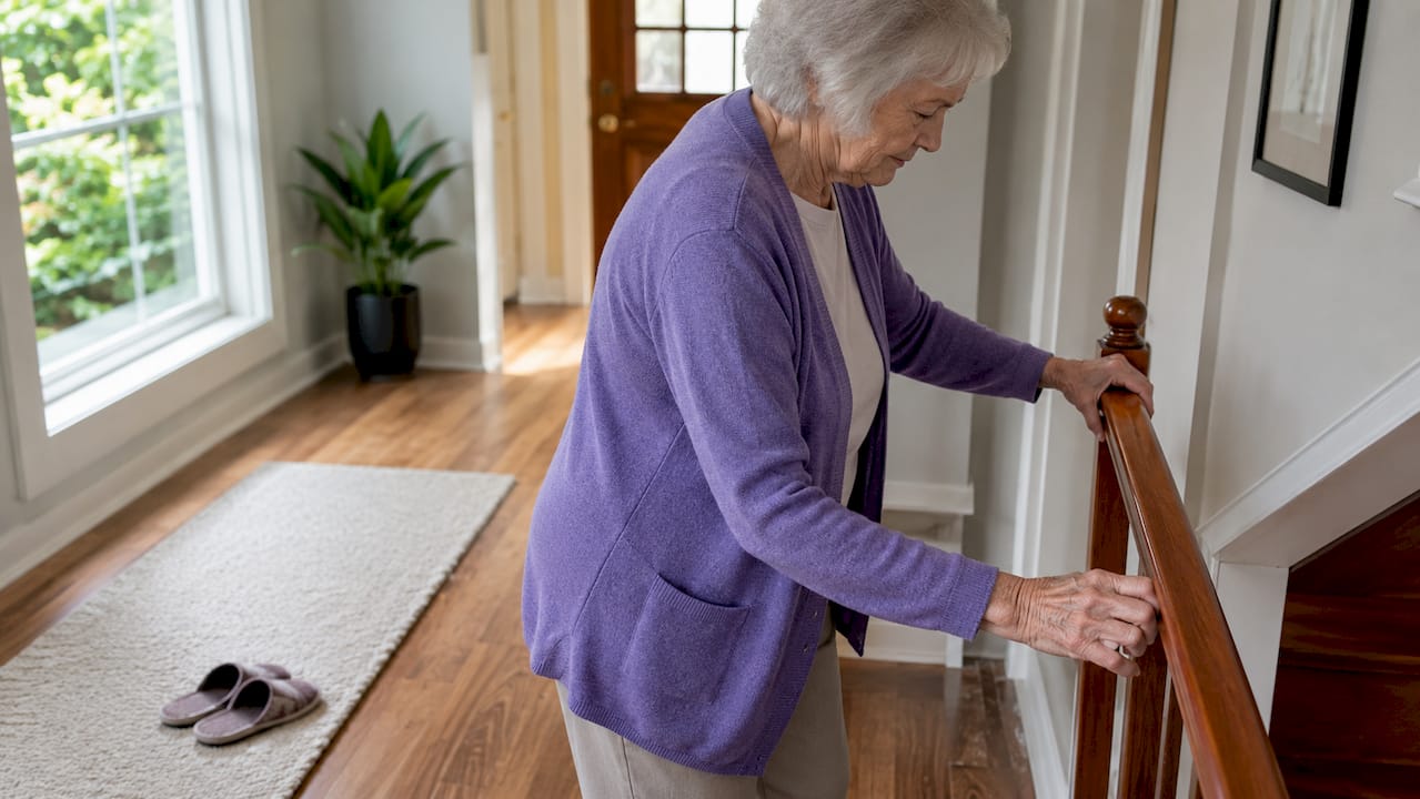 Elderly woman steadying by handrail in tidy home hallway