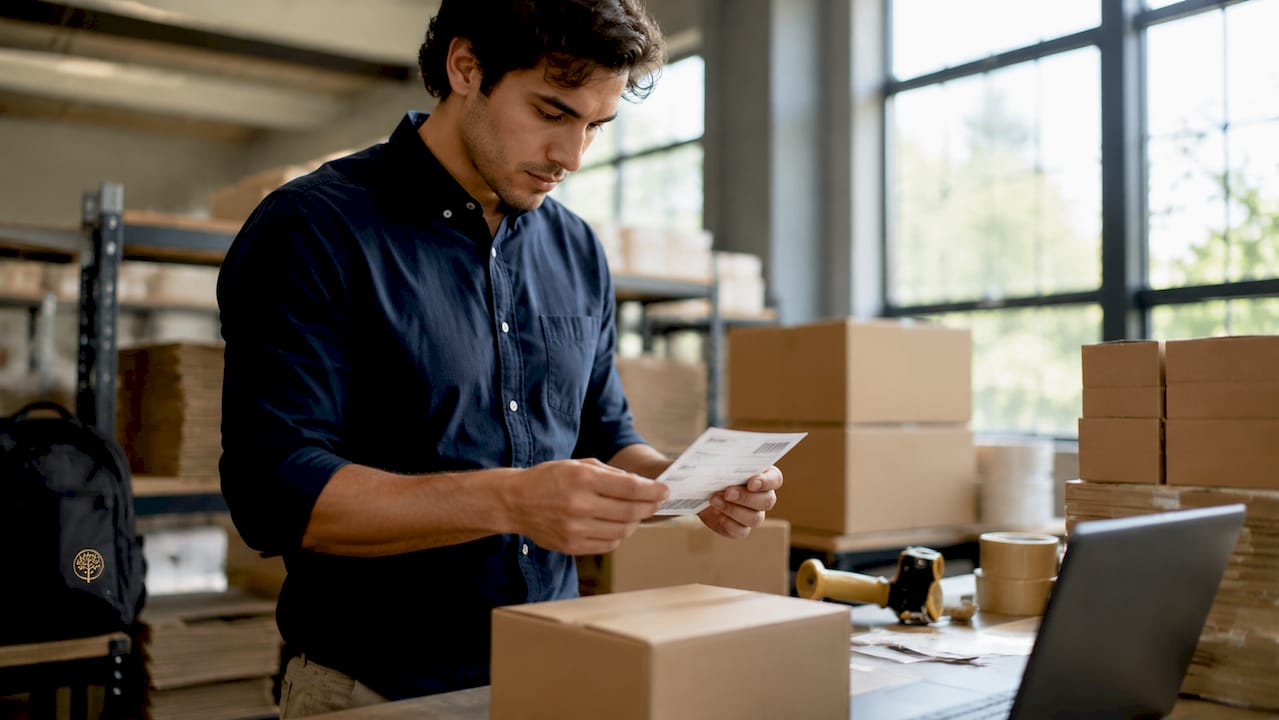 Hands scanning auto-generated shipping label in fulfillment center