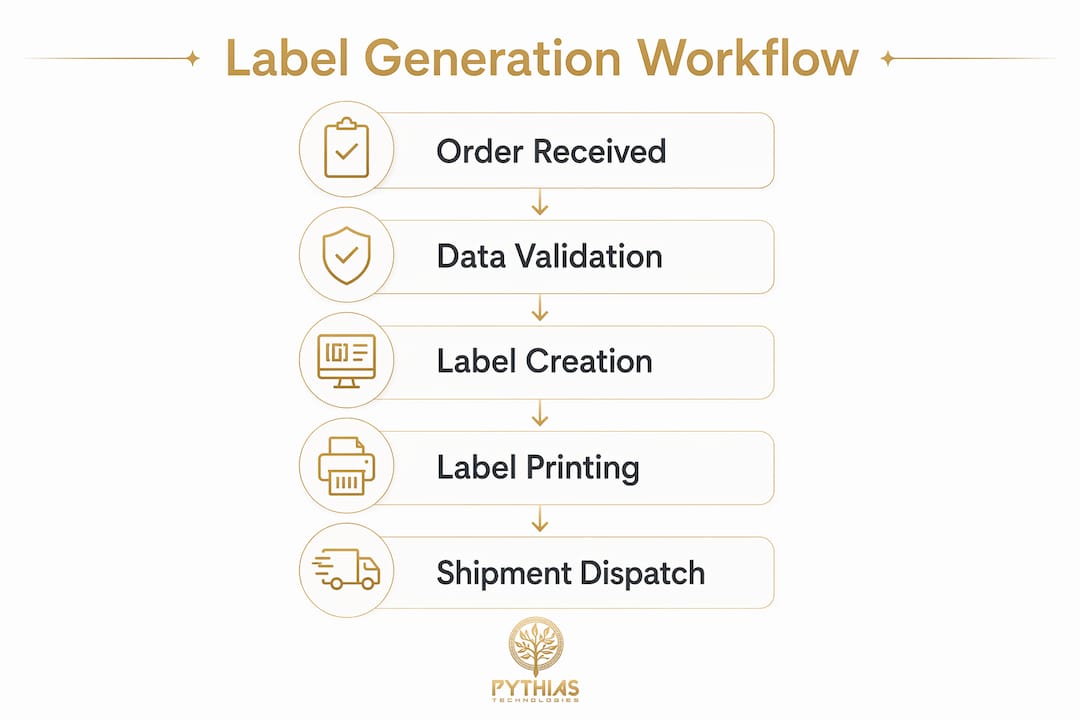 Infographic showing steps of automated shipping label workflow