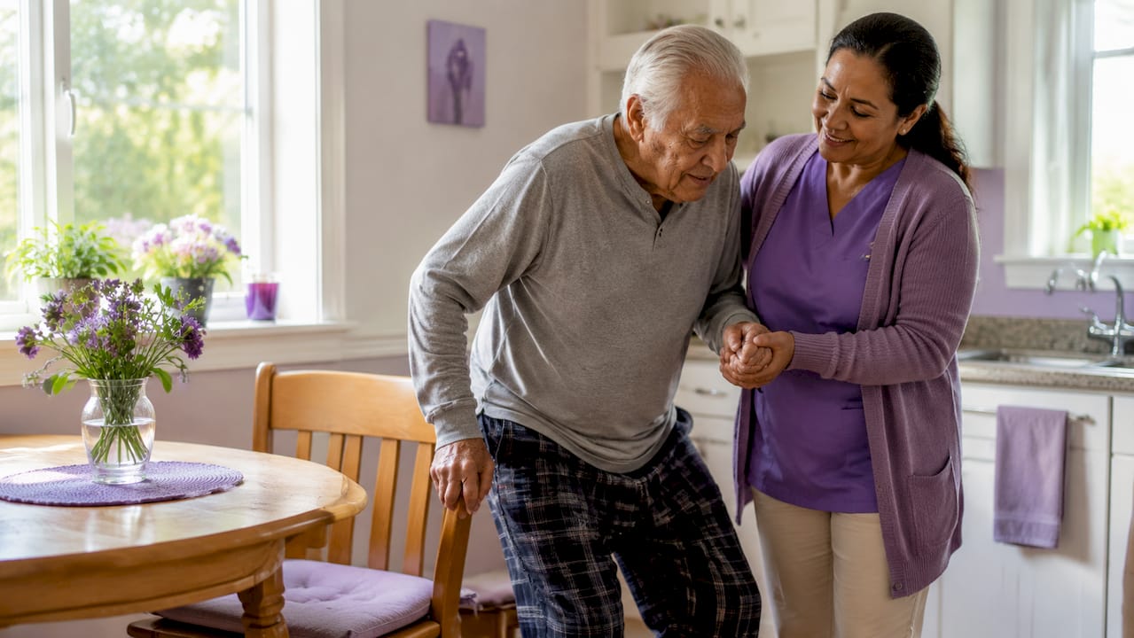 Home health aide helping elderly veteran stand