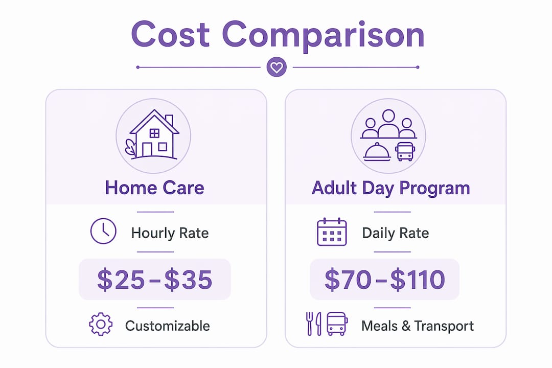 Infographic comparing costs of home care and adult day programs