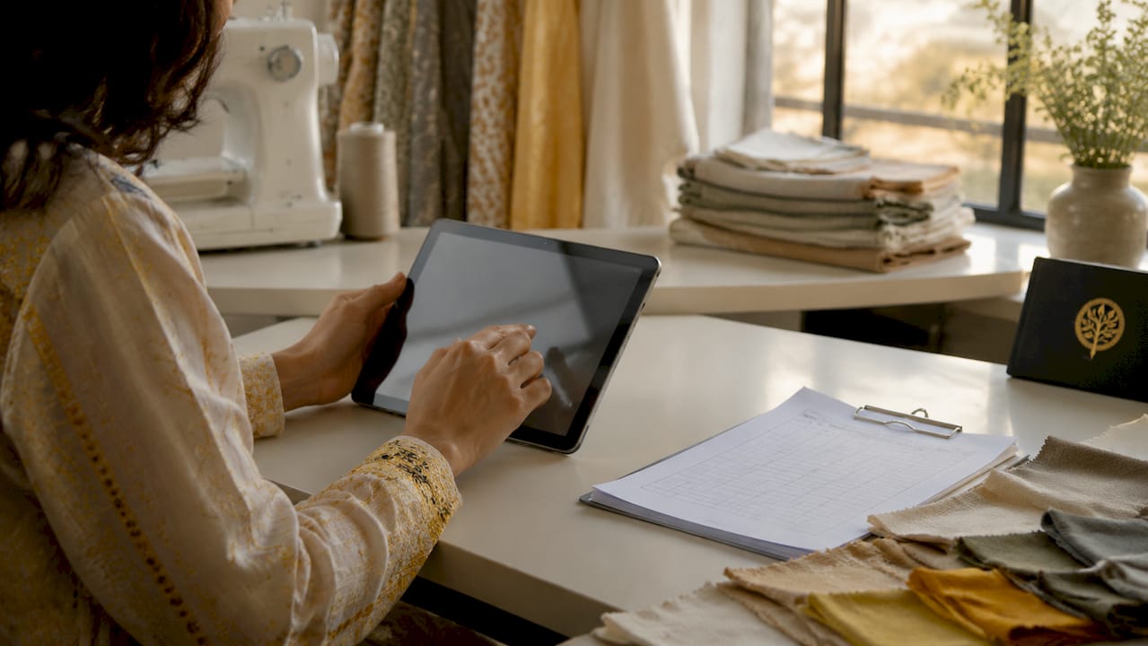 Hands conducting apparel print audit with tablet