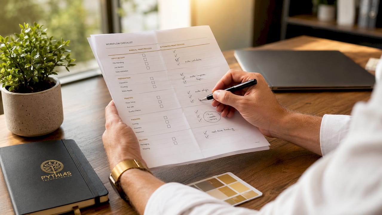 Hands comparing printed workflow checklists