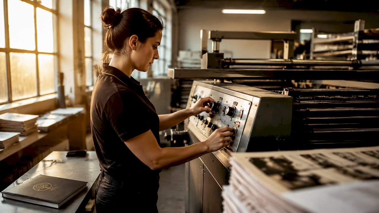 Press operator adjusting printing machine controls