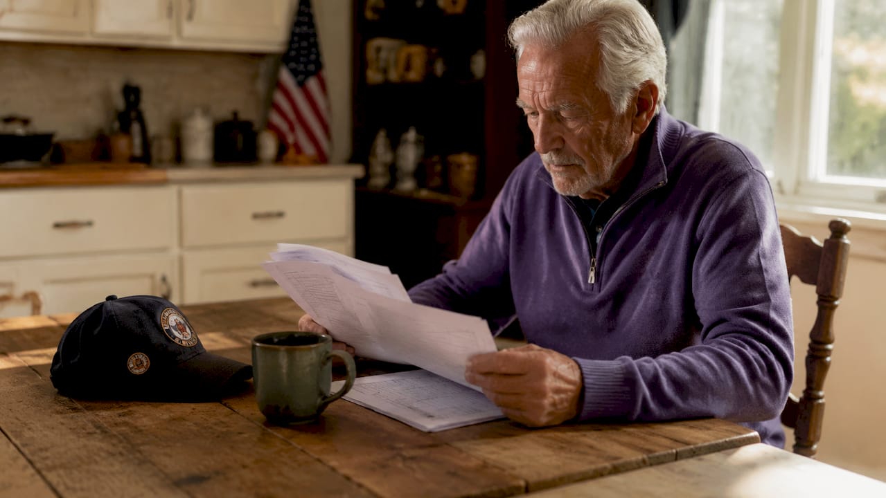 Close-up veteran hands holding pension paperwork