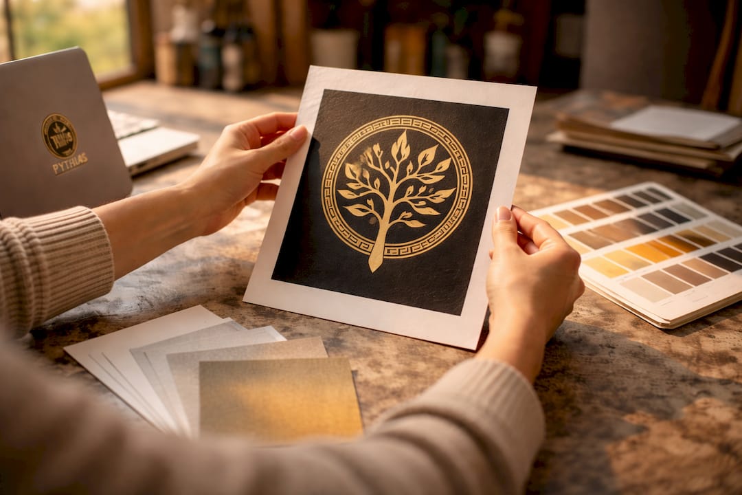 Hands holding limited edition print with fulfillment tools