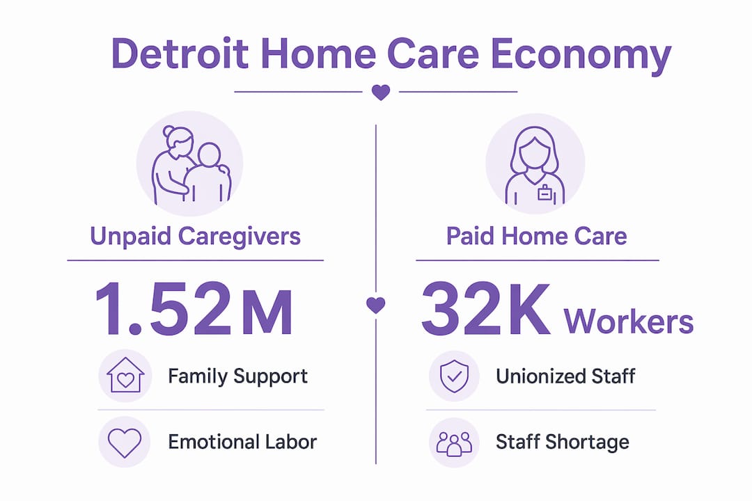 Infographic comparing unpaid family caregivers and paid home care workers in Detroit