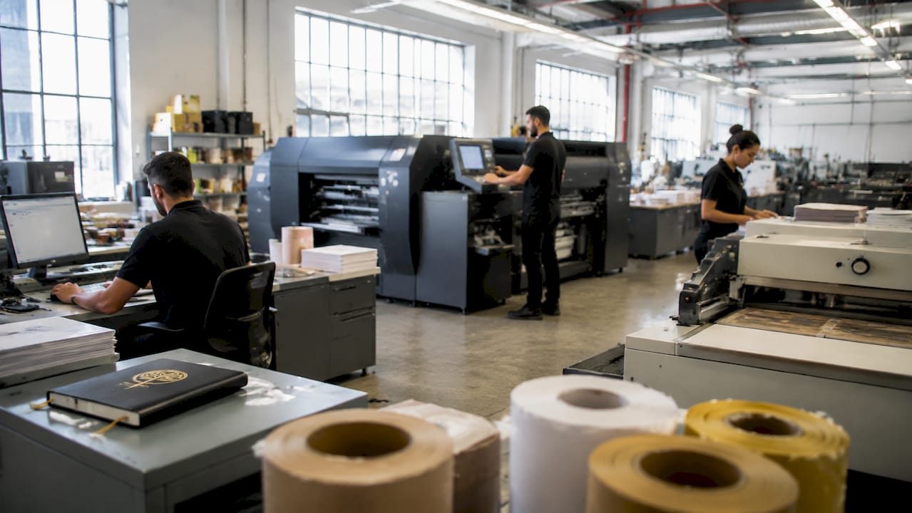 Print shop production stages from above view