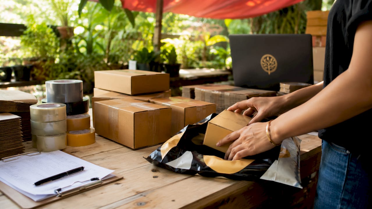 Hands packing POD orders in warehouse