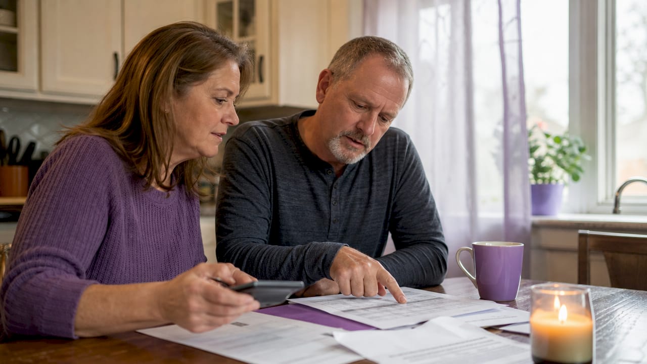 Couple discussing nursing home expenses at home