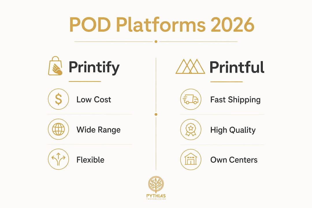 Infographic comparing POD platforms Printify and Printful