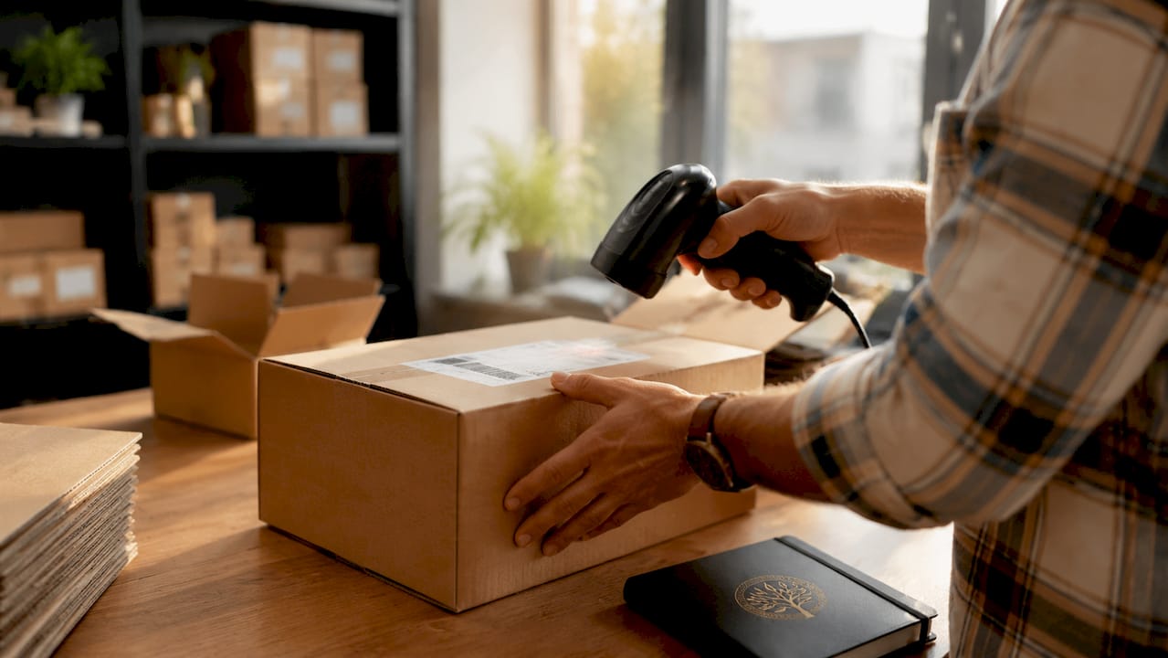 Hands scanning shipping label on POD package in warehouse