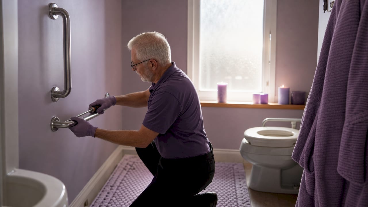 Caregiver installing grab bars in bathroom