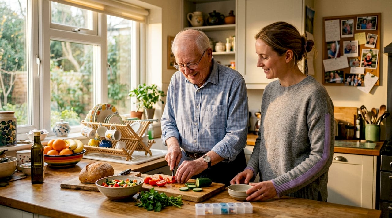 Elderly man and caregiver in kitchen scene