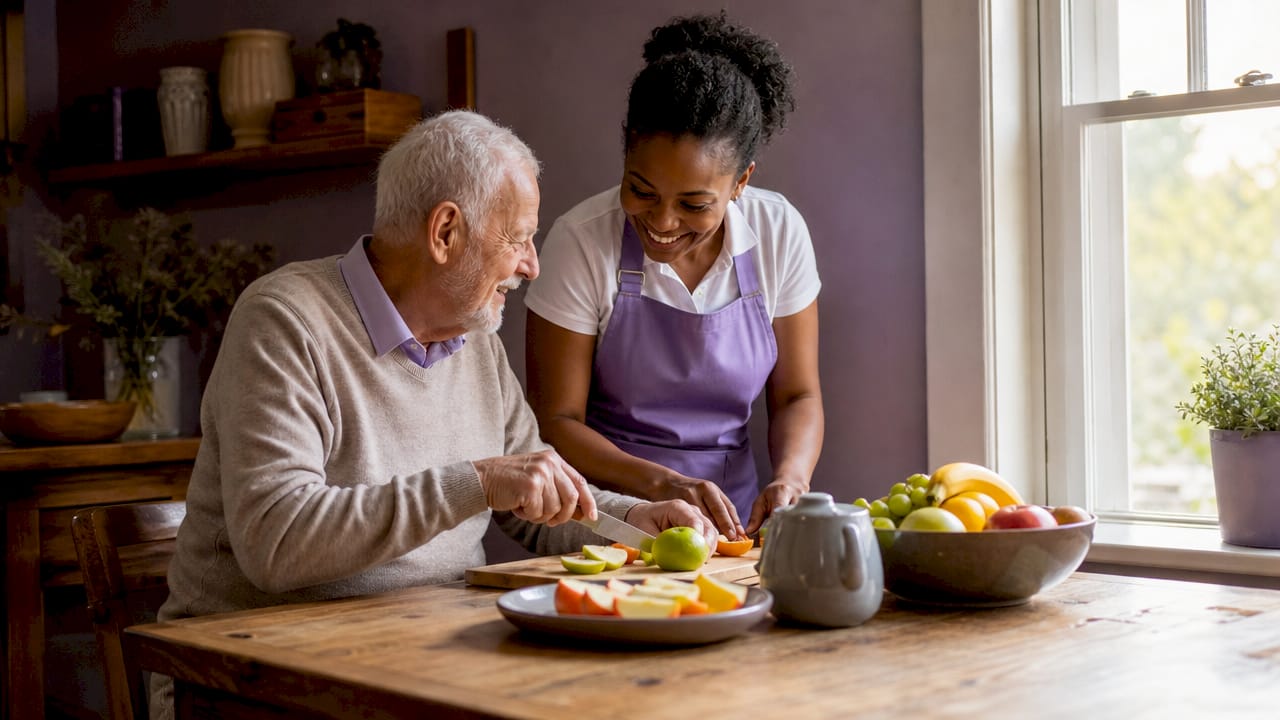 Caregiver and senior preparing meal in kitchen