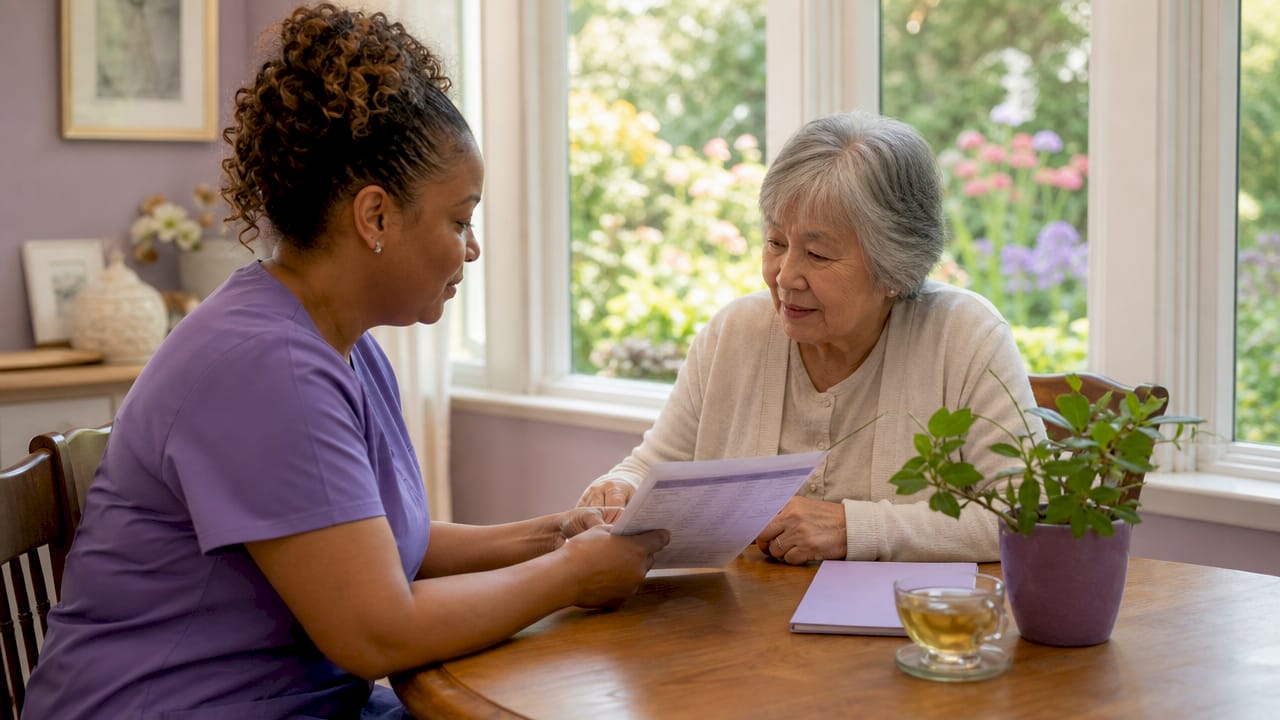 Caregiver and senior reviewing daily schedule in kitchen