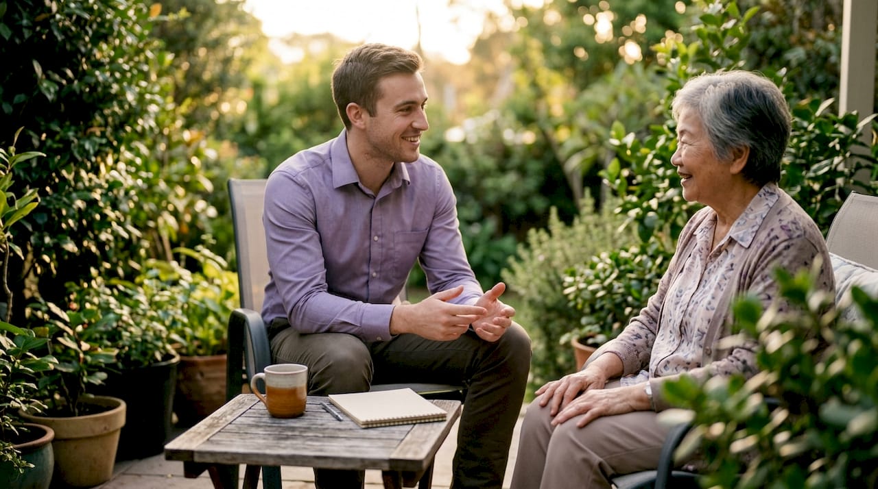 Care assessor explaining home visit to elderly woman