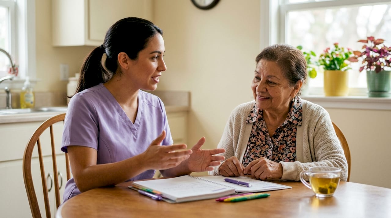 Home care nurse discussing satisfaction feedback with patient