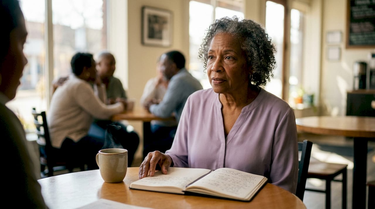 Elderly woman taking notes in dementia caregiver support group