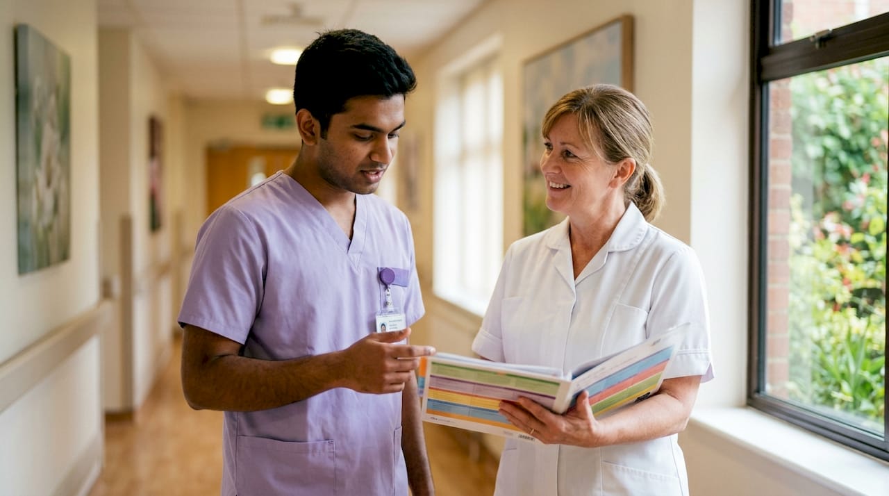 Home health aide and nurse reviewing patient care plans