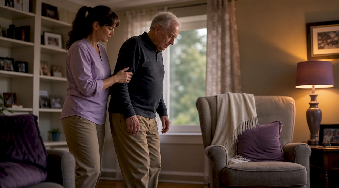 Caregiver helping elderly man walk at home