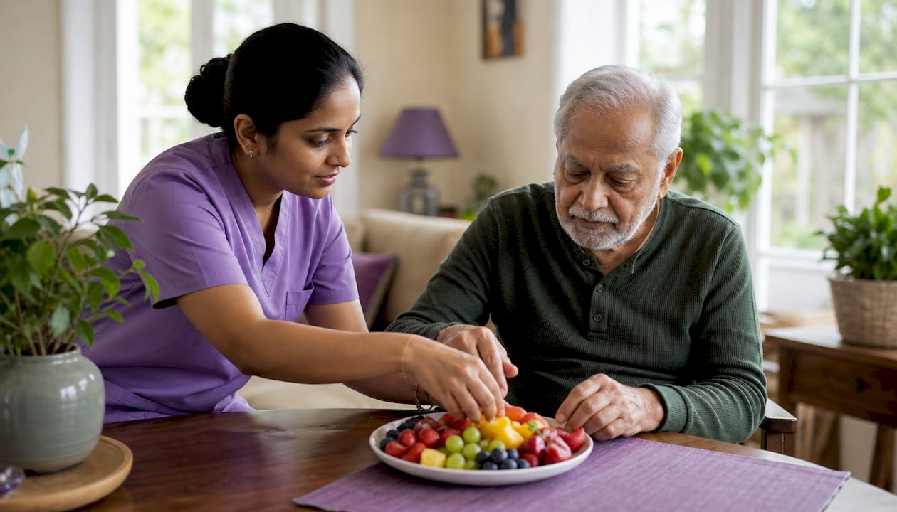 Nurse assisting Alzheimer patient meal prep