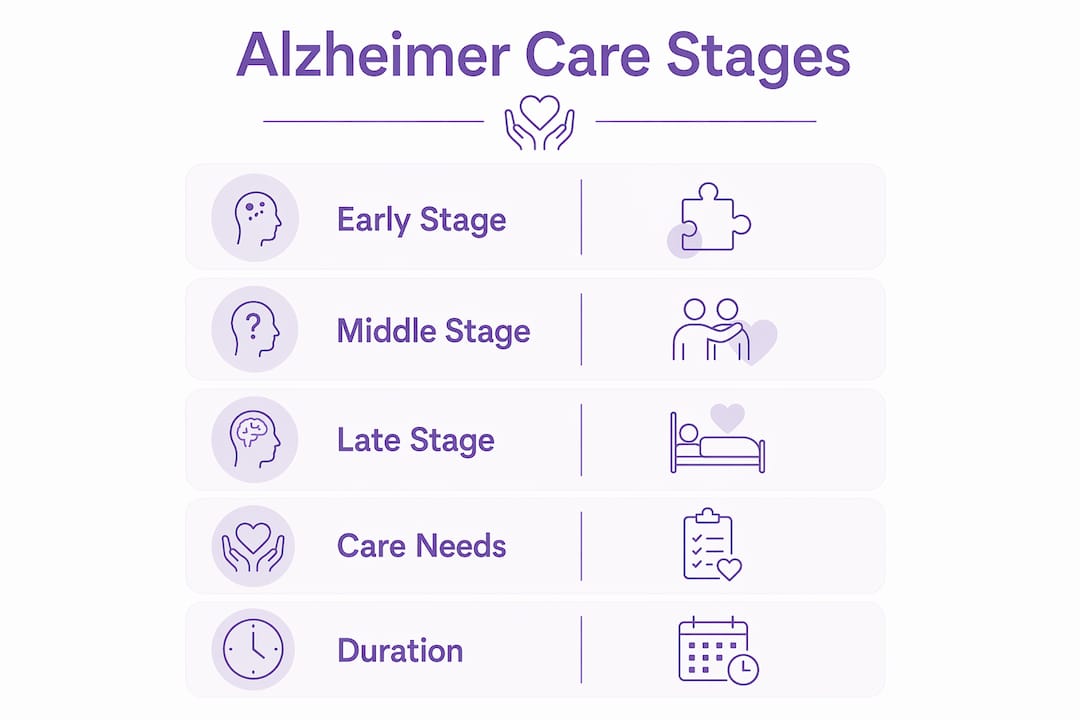 Infographic illustrating Alzheimer care stages and needs