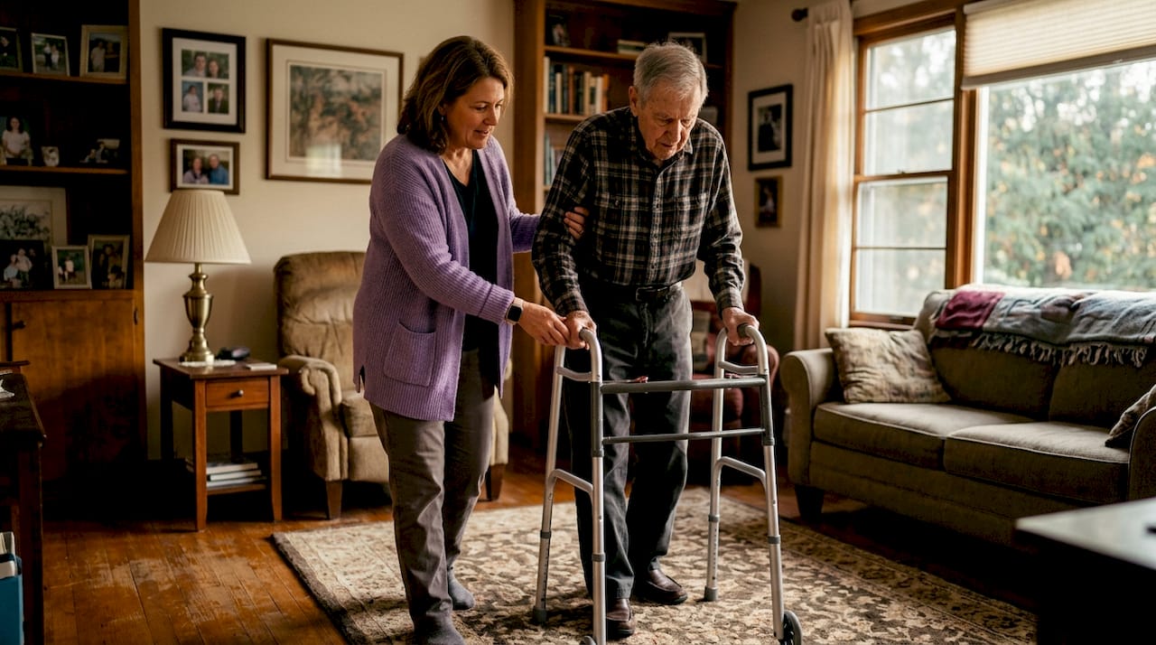 Family caregiver assisting elderly patient with walker