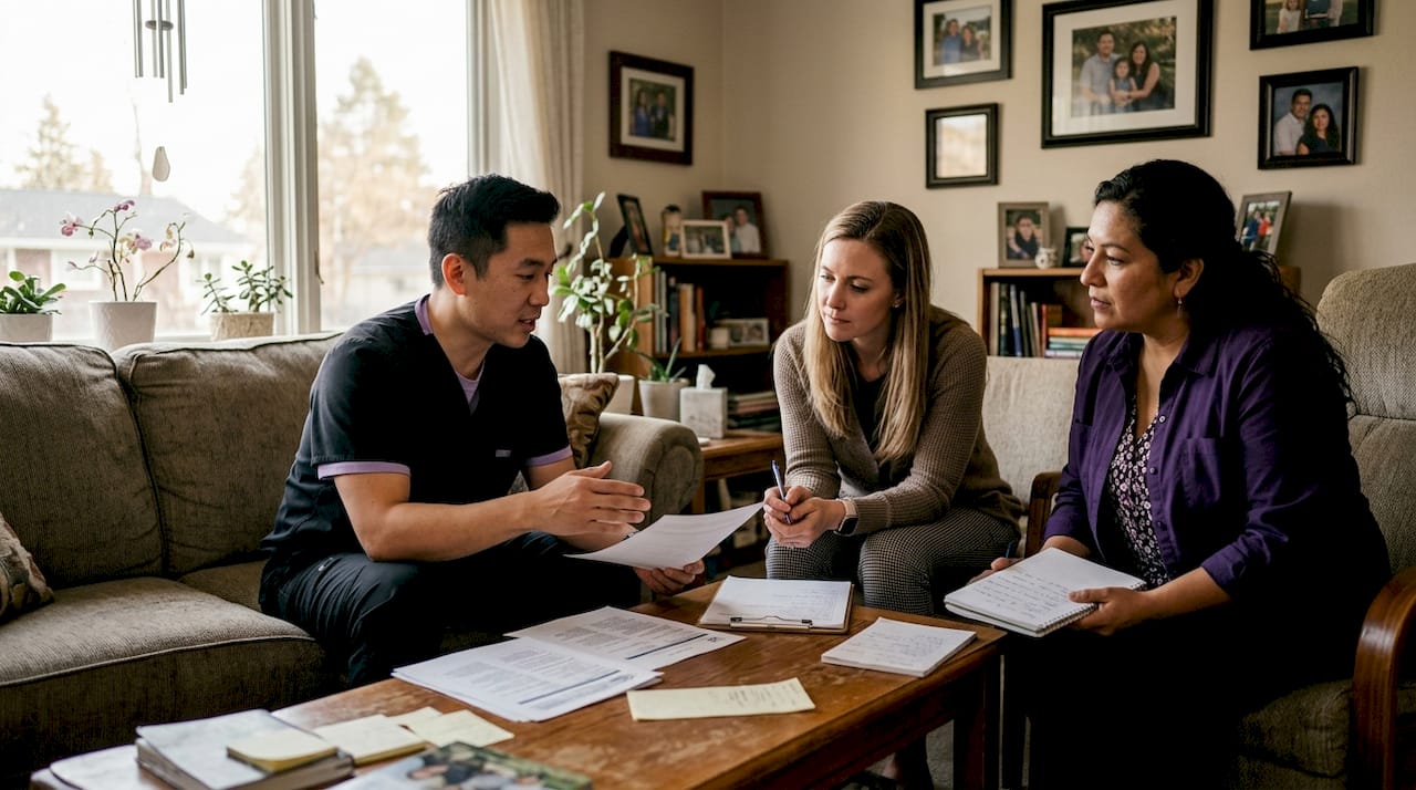 Home care professionals collaborating on patient plan