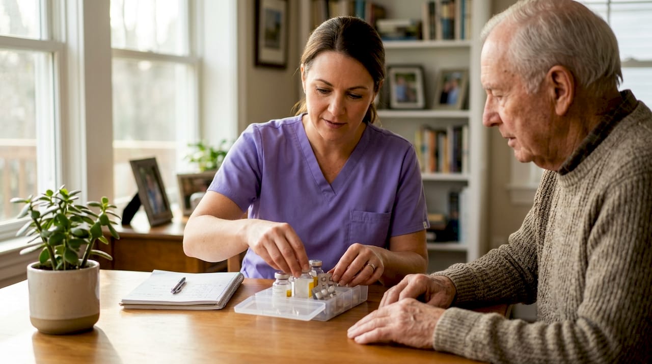 Caregiver reviewing medication and notes with elderly man