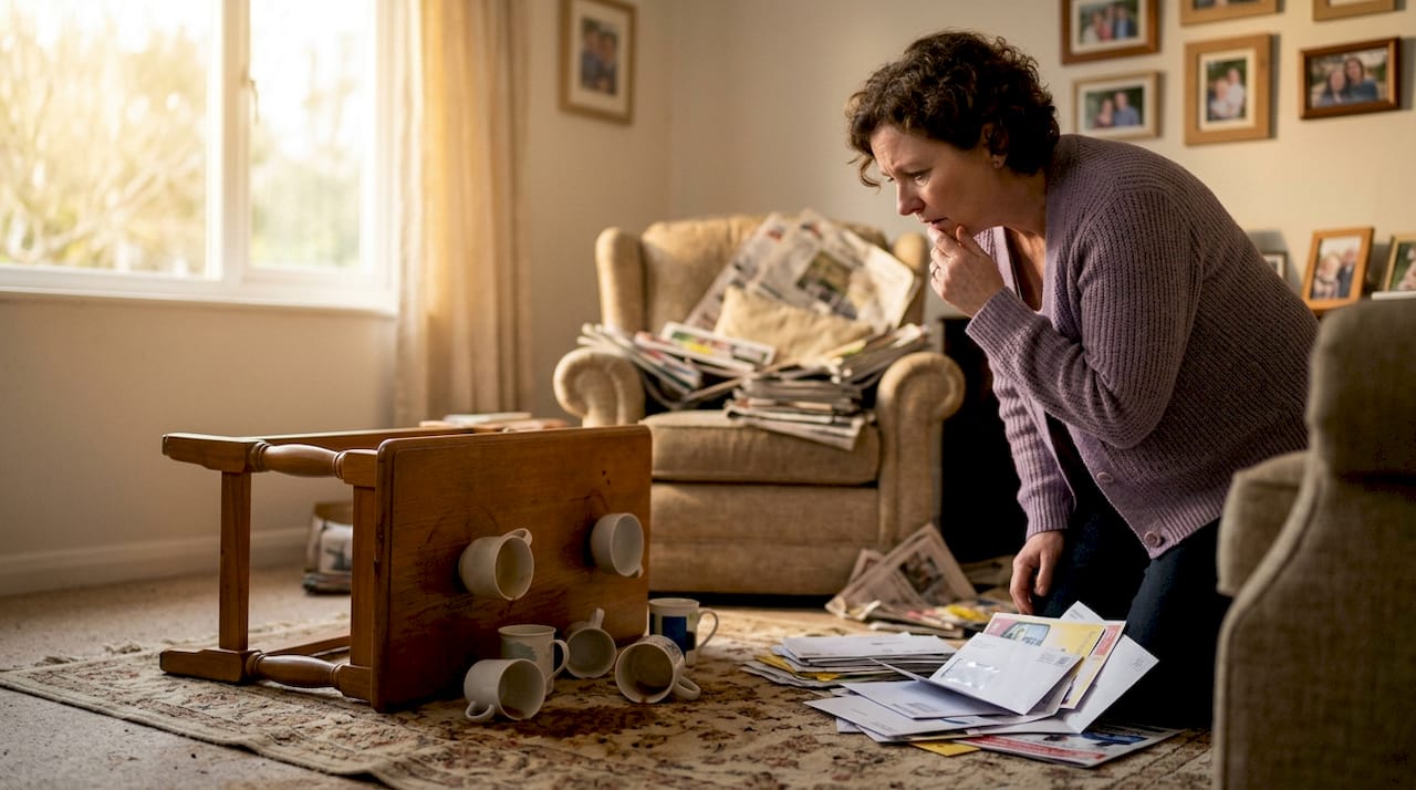 Adult observing elderly parent's cluttered kitchen