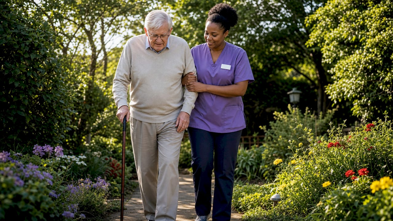 Home health aide assisting elderly man in kitchen