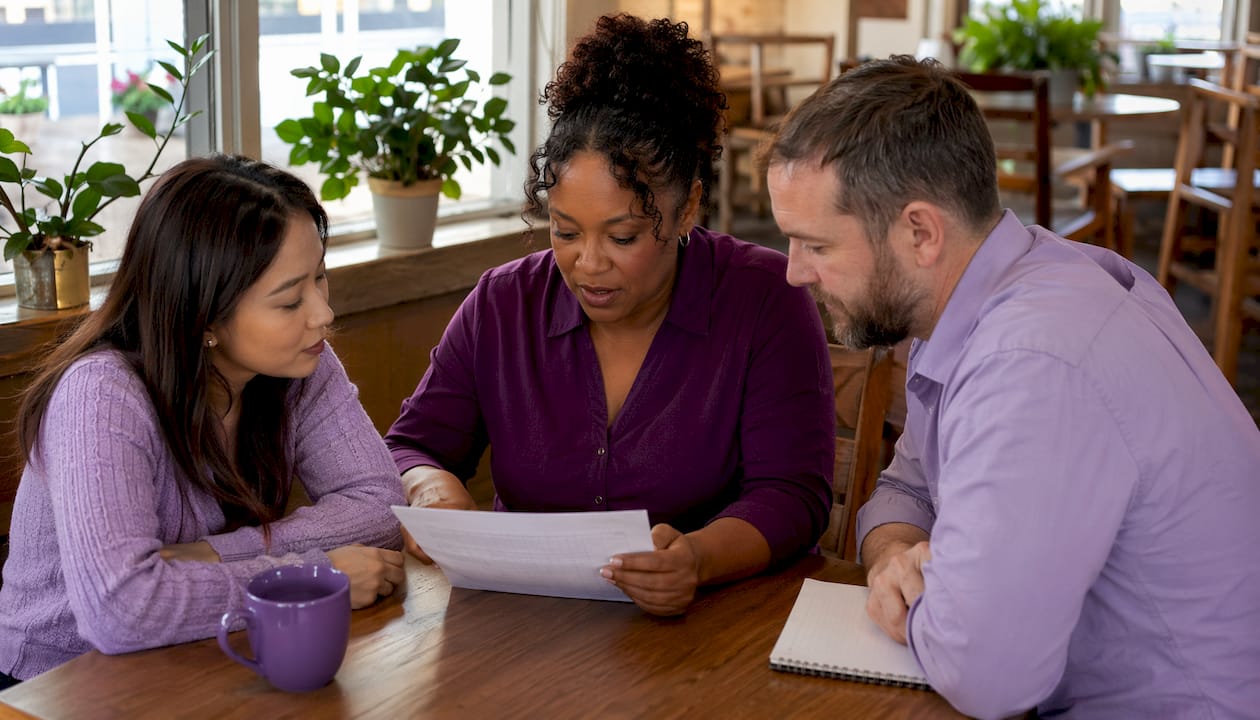 Home care staff discussing accreditation checklist
