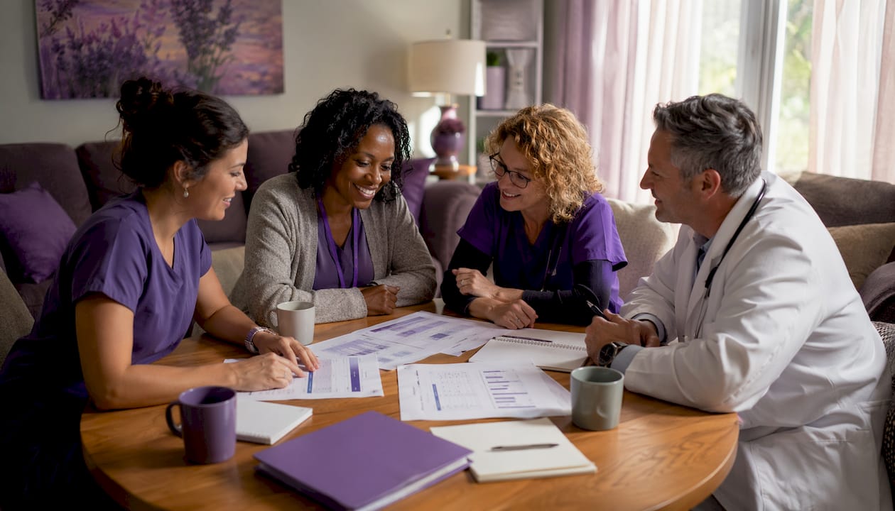Hospice team discussing patient care documents