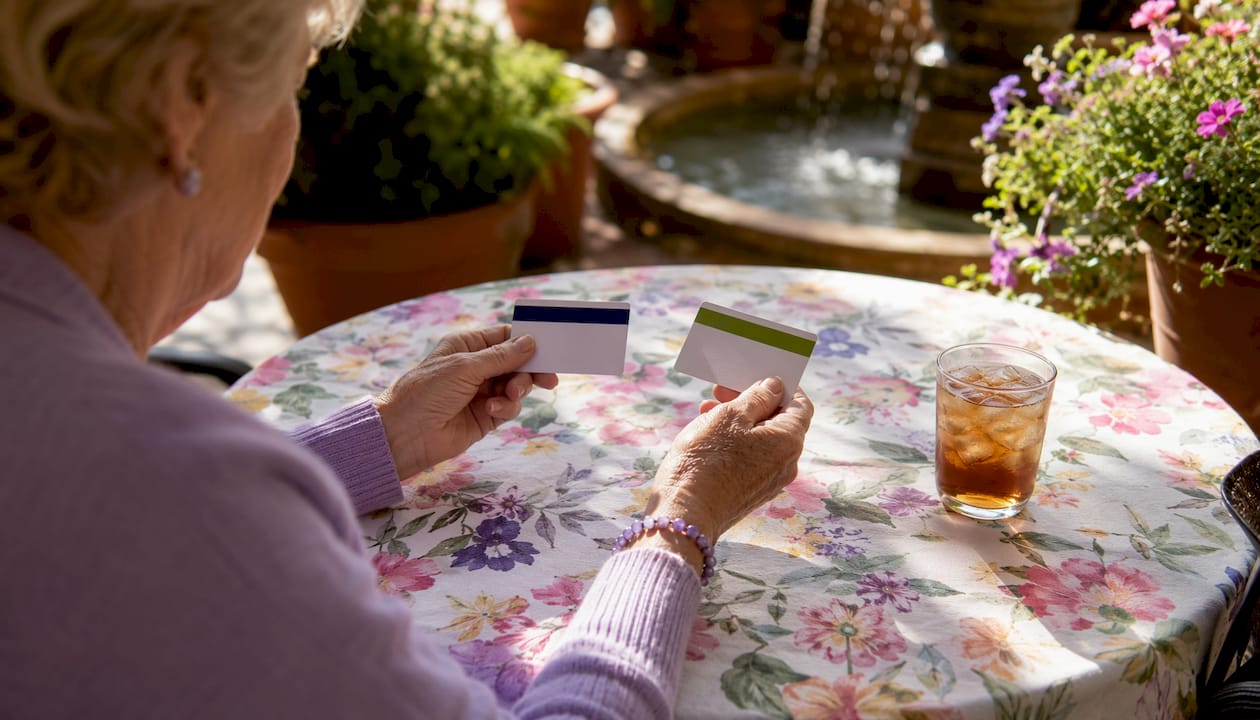 Hands holding Medicare and insurance cards over table