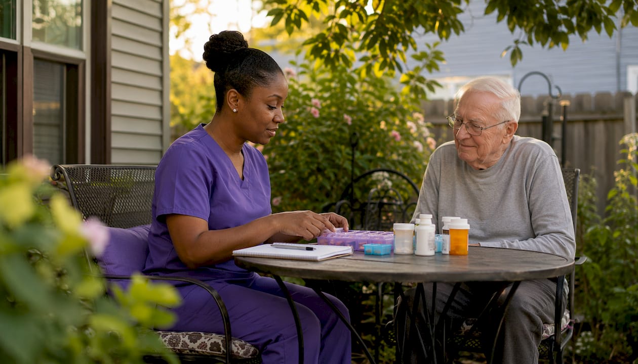 Home nurse managing senior's medications in kitchen