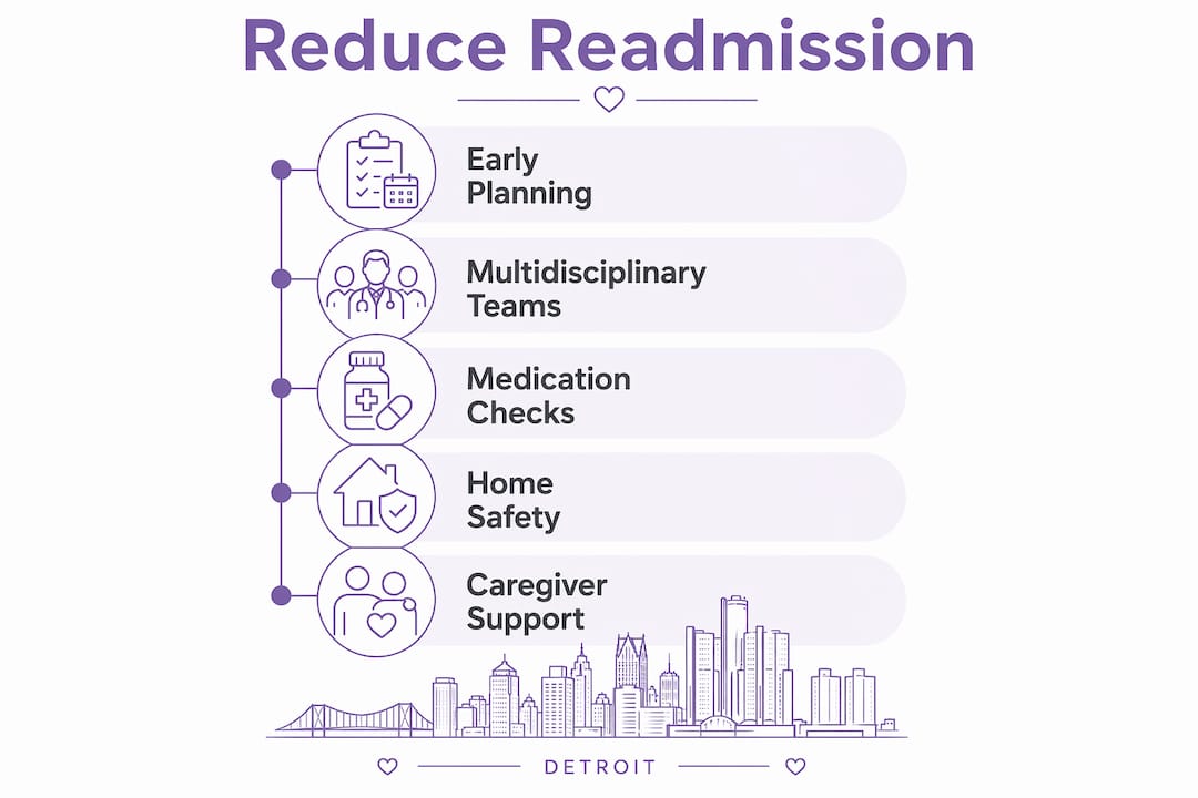 Infographic showing steps to reduce senior rehospitalization