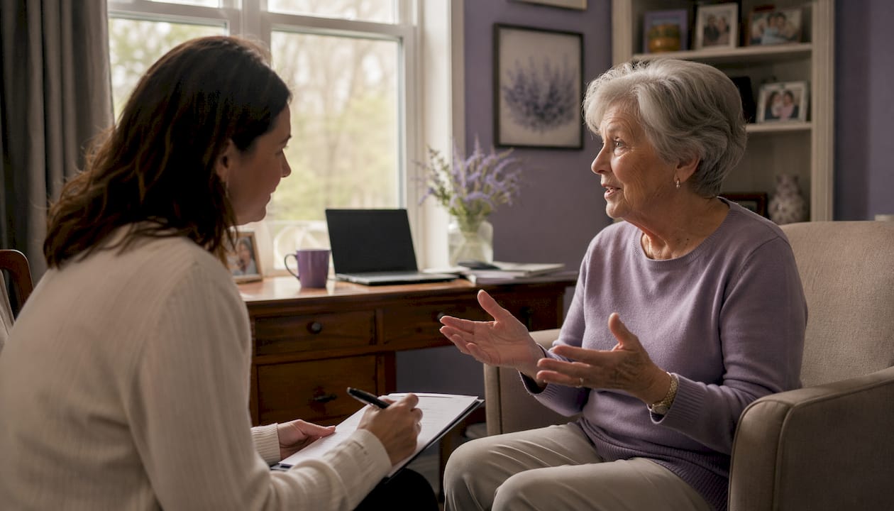 Elderly woman consulting home care provider