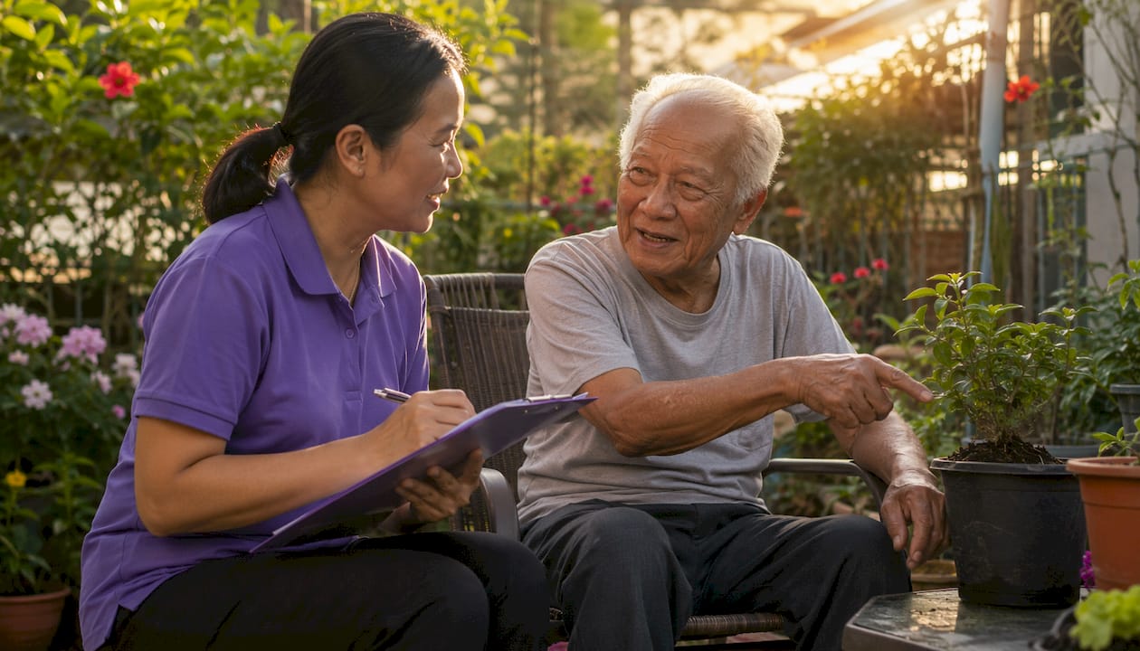 Caregiver consulting elderly man in living room