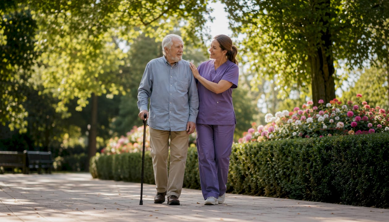 Caregiver assisting elderly man outdoors