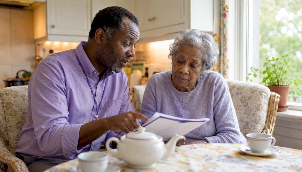 Man and elderly woman discussing elder care agent selection