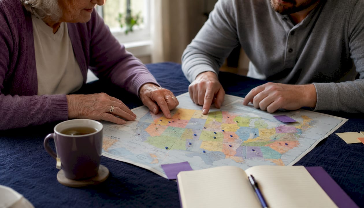 Hands pointing at state home care cost map