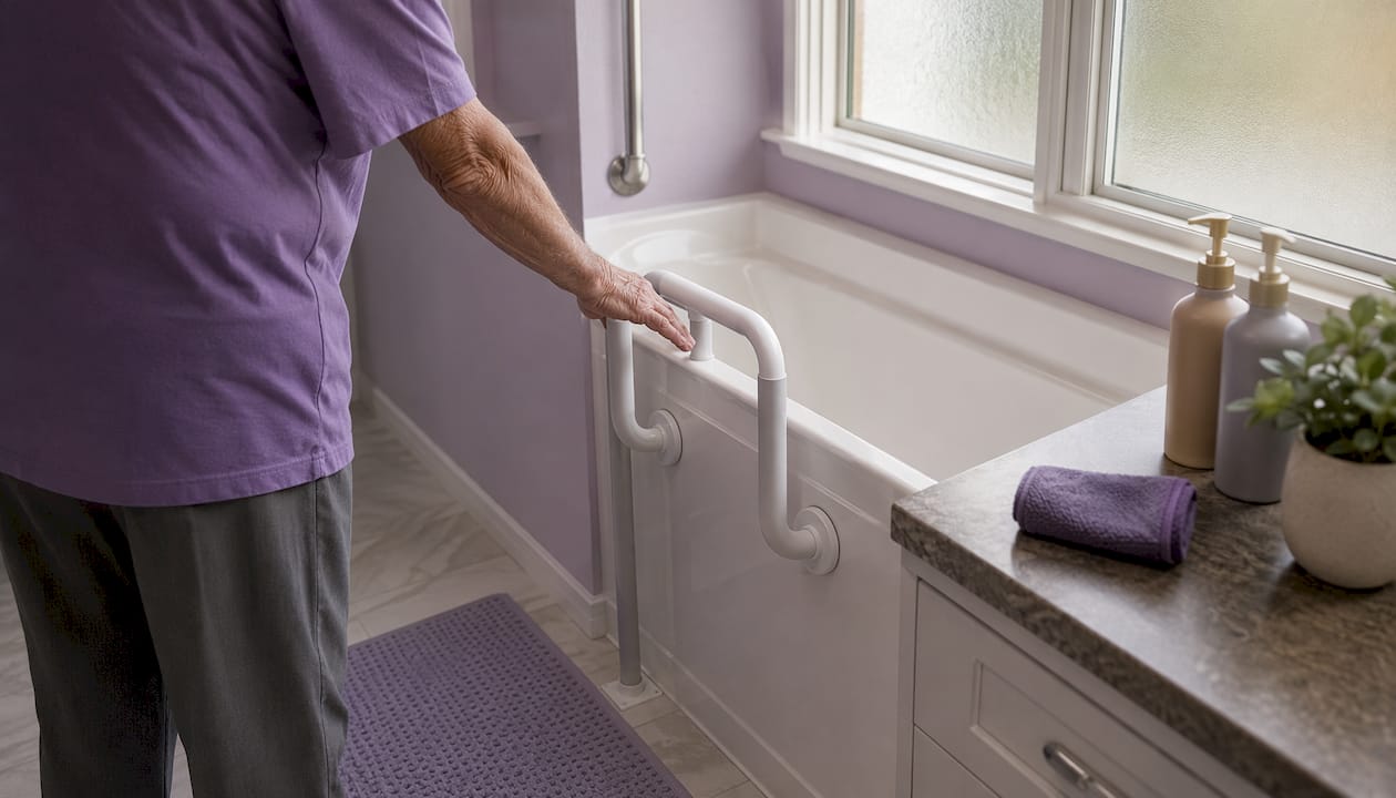 Elderly hand holding bathroom safety rail