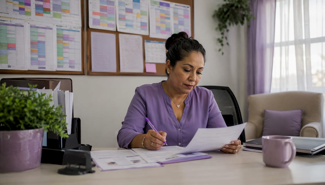 Agency coordinator reviewing caregiver applications