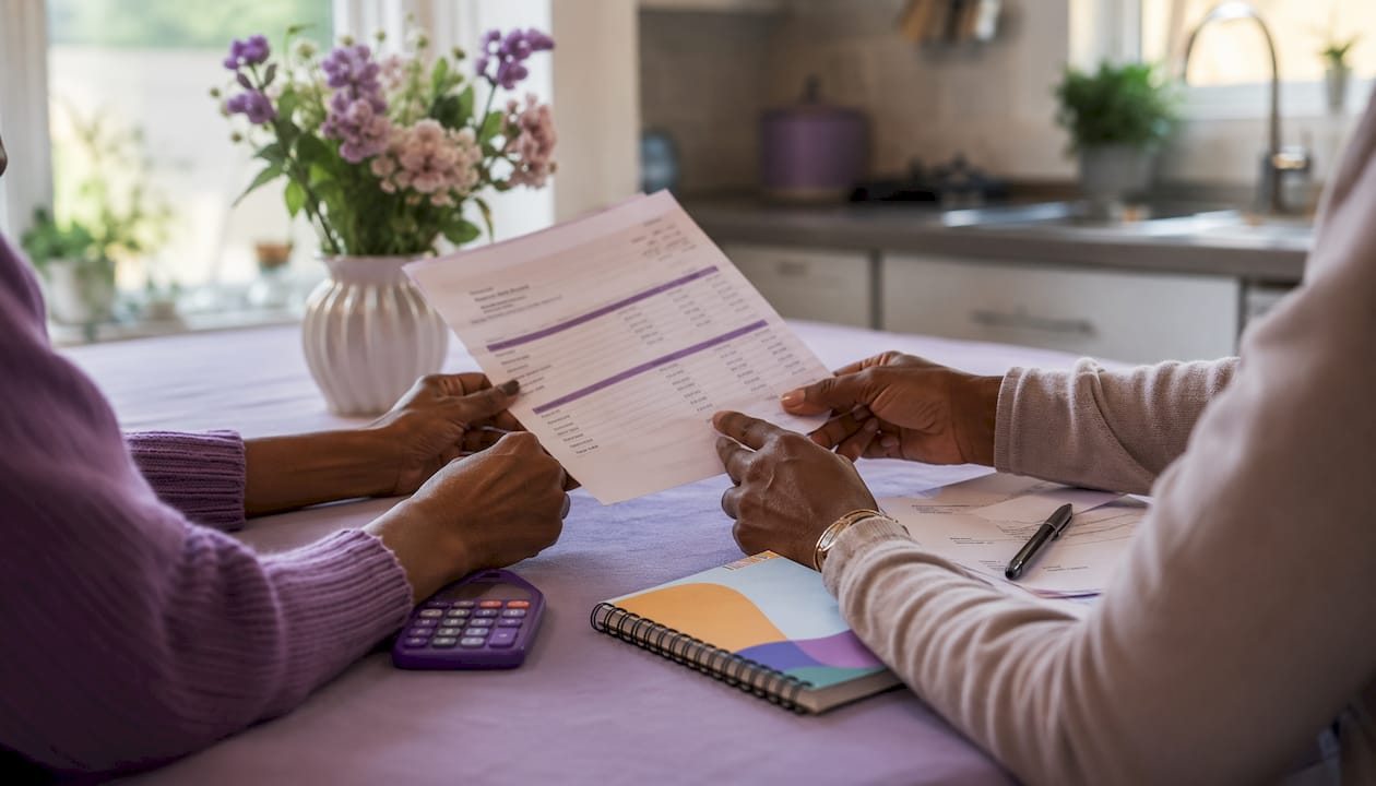 Hands holding home care payroll report at desk