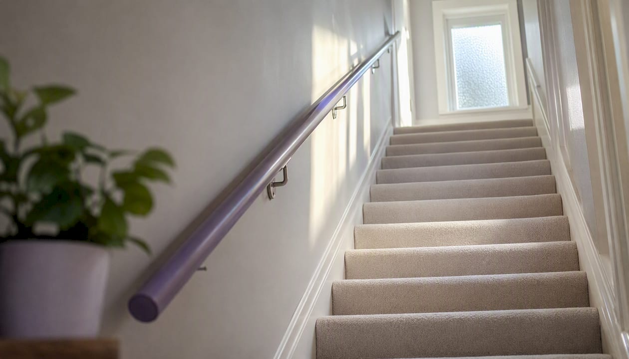 Home stairway with handrail and natural light