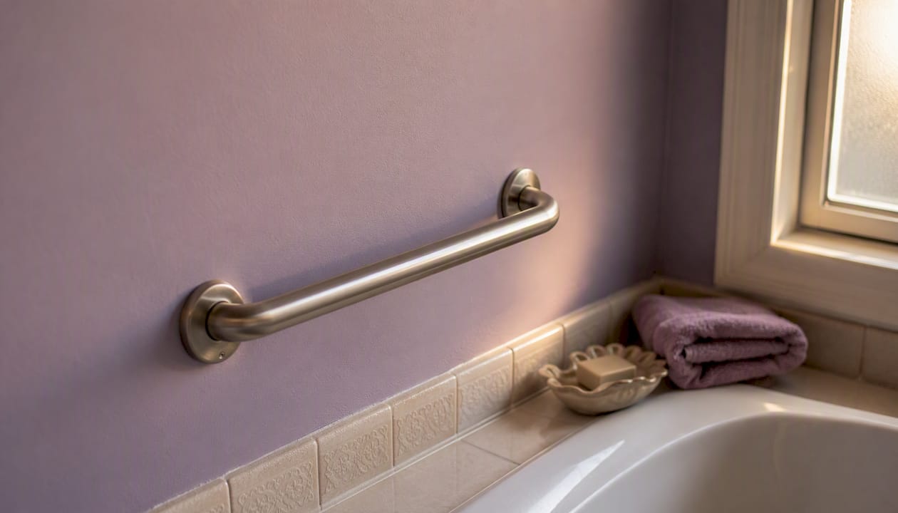 Brushed nickel grab bar in bathroom