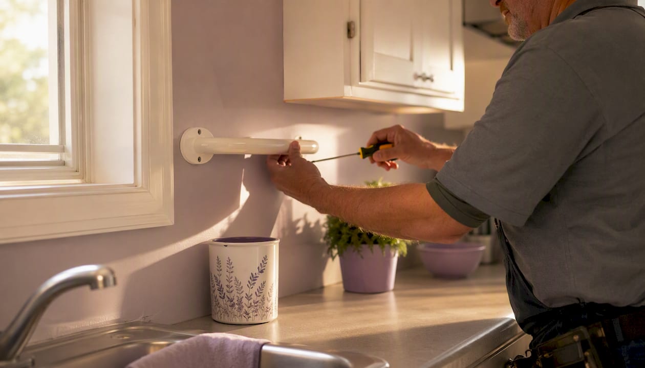 Caregiver installing bathroom safety grab bar