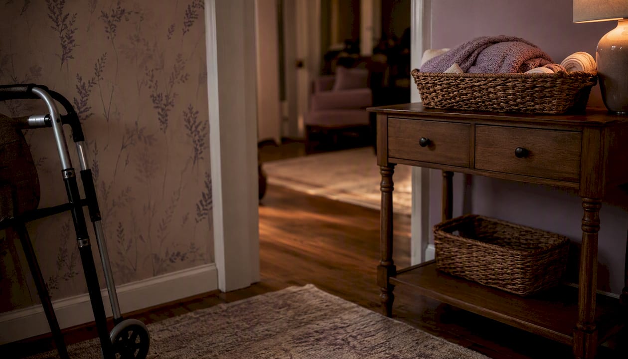 Home hallway with mobility aid and towels